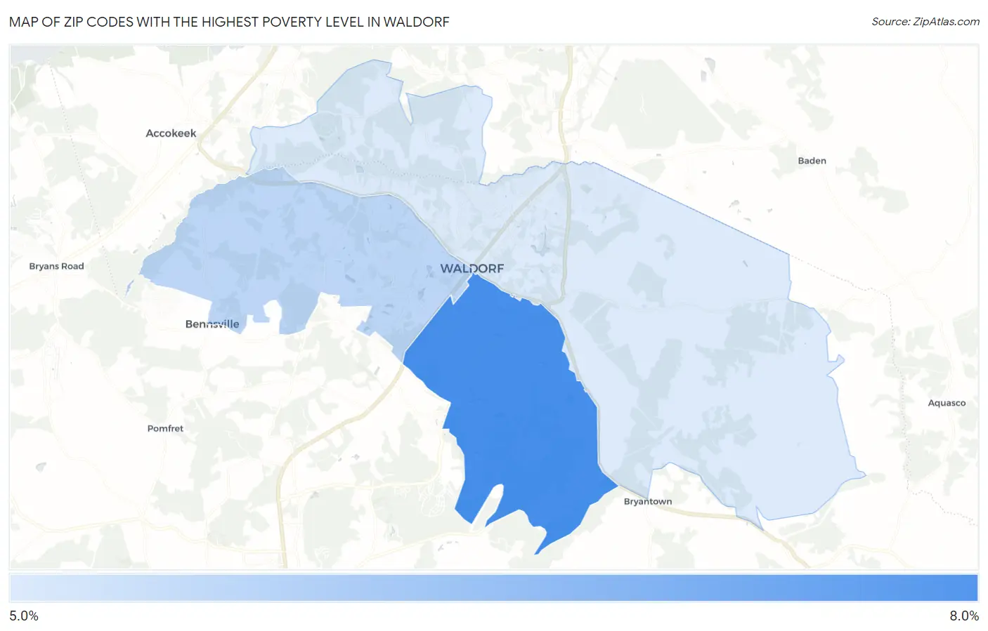 Zip Codes with the Highest Poverty Level in Waldorf Map