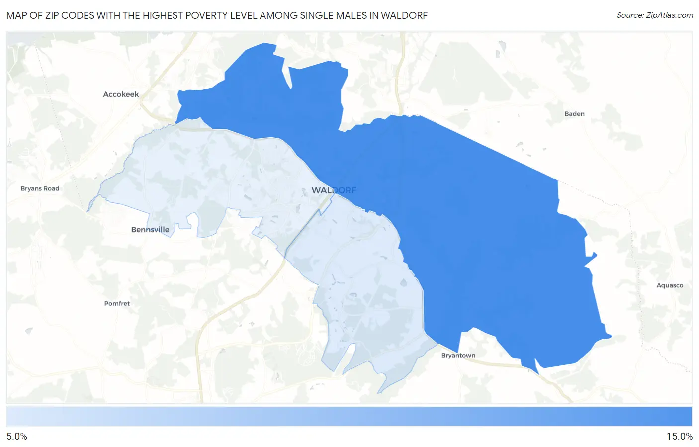 Zip Codes with the Highest Poverty Level Among Single Males in Waldorf Map