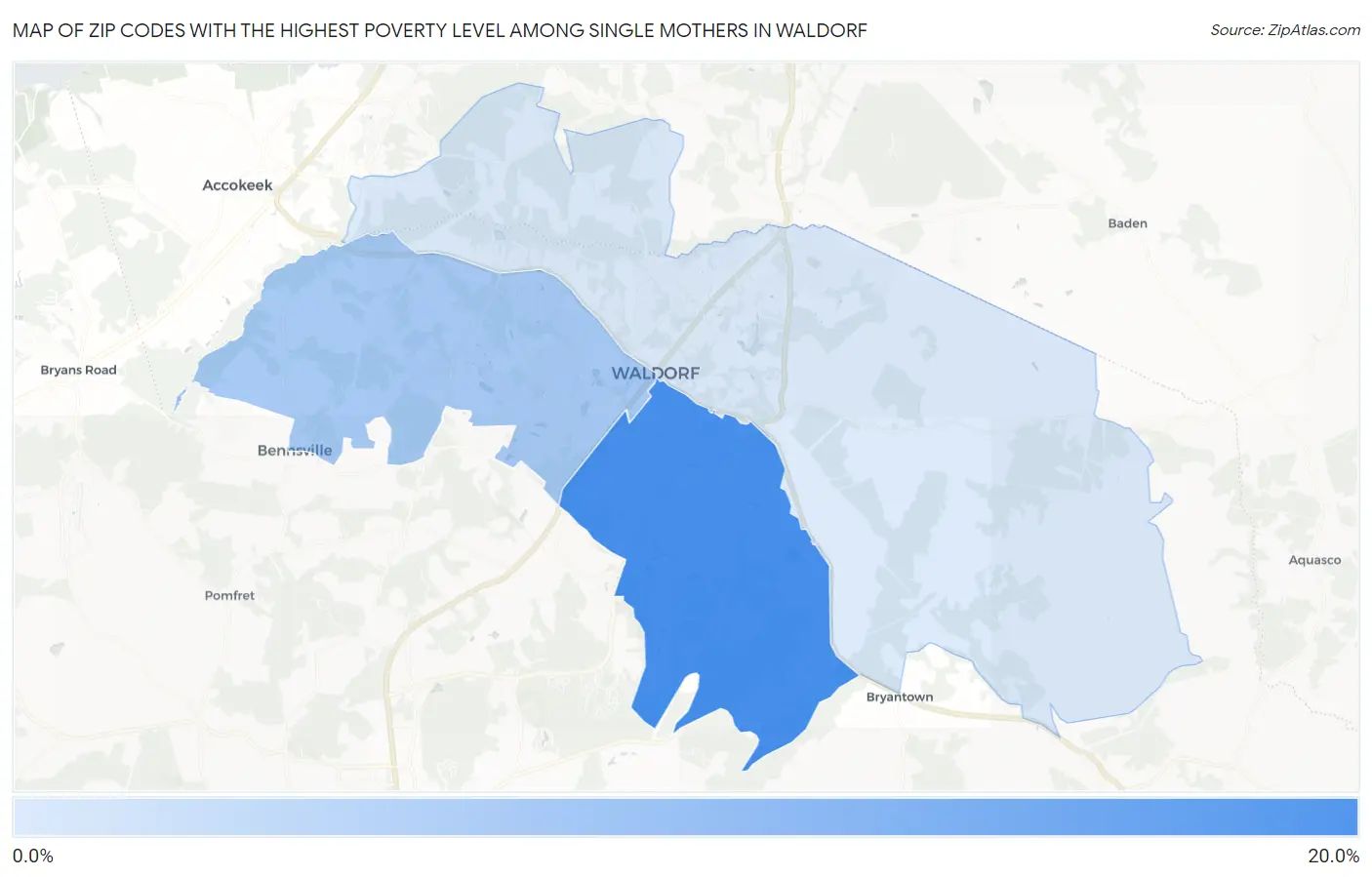 Zip Codes with the Highest Poverty Level Among Single Mothers in Waldorf Map
