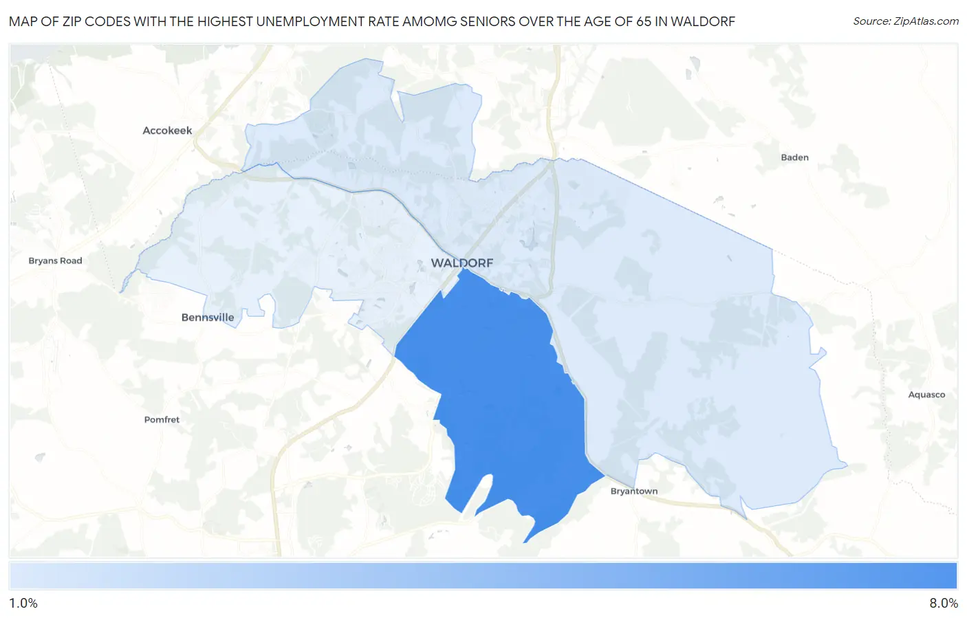 Zip Codes with the Highest Unemployment Rate Amomg Seniors Over the Age of 65 in Waldorf Map