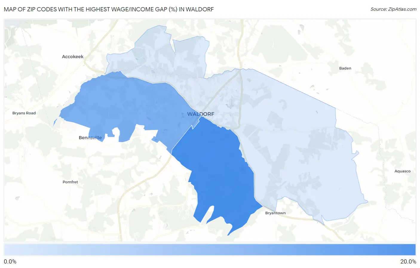 Zip Codes with the Highest Wage/Income Gap (%) in Waldorf Map