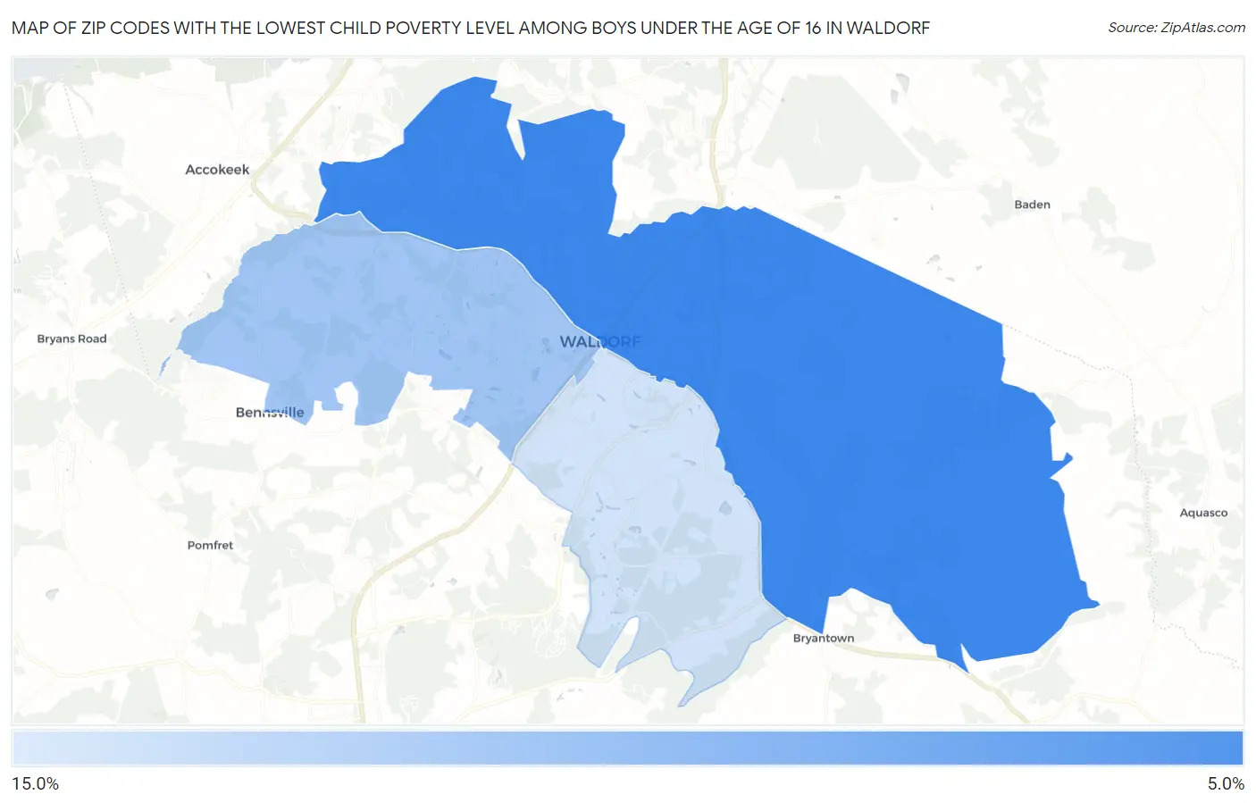 Zip Codes with the Lowest Child Poverty Level Among Boys Under the Age of 16 in Waldorf Map