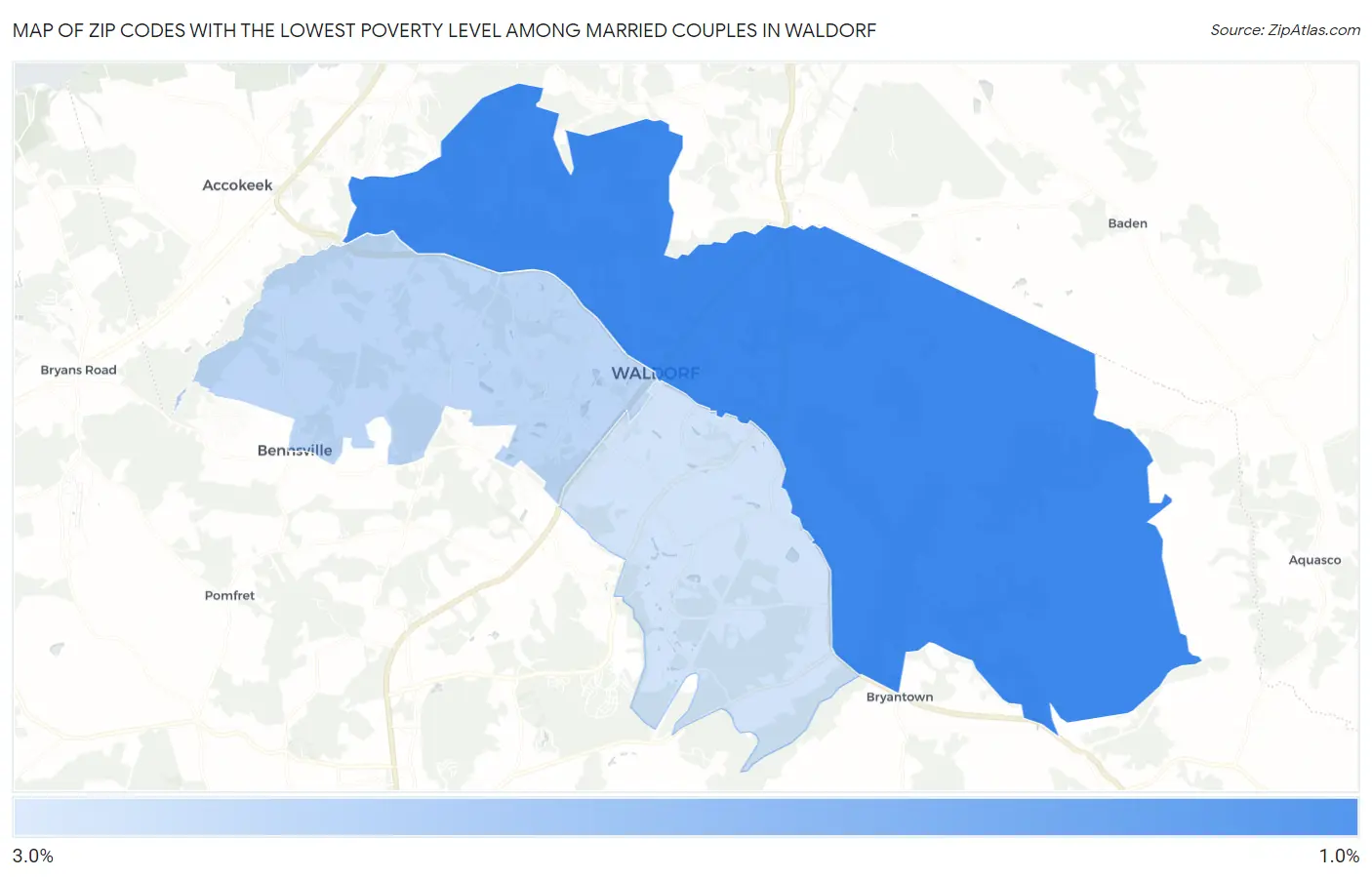Zip Codes with the Lowest Poverty Level Among Married Couples in Waldorf Map