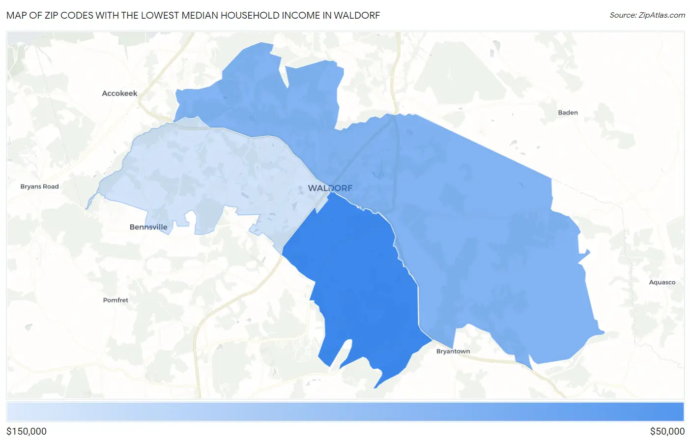 Zip Codes with the Lowest Median Household Income in Waldorf Map