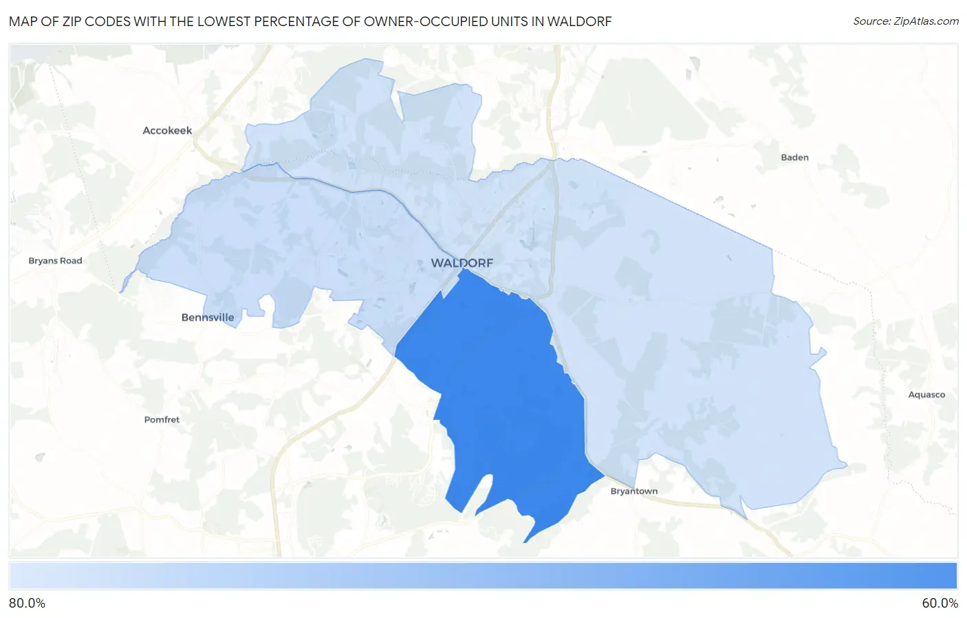 Zip Codes with the Lowest Percentage of Owner-Occupied Units in Waldorf Map