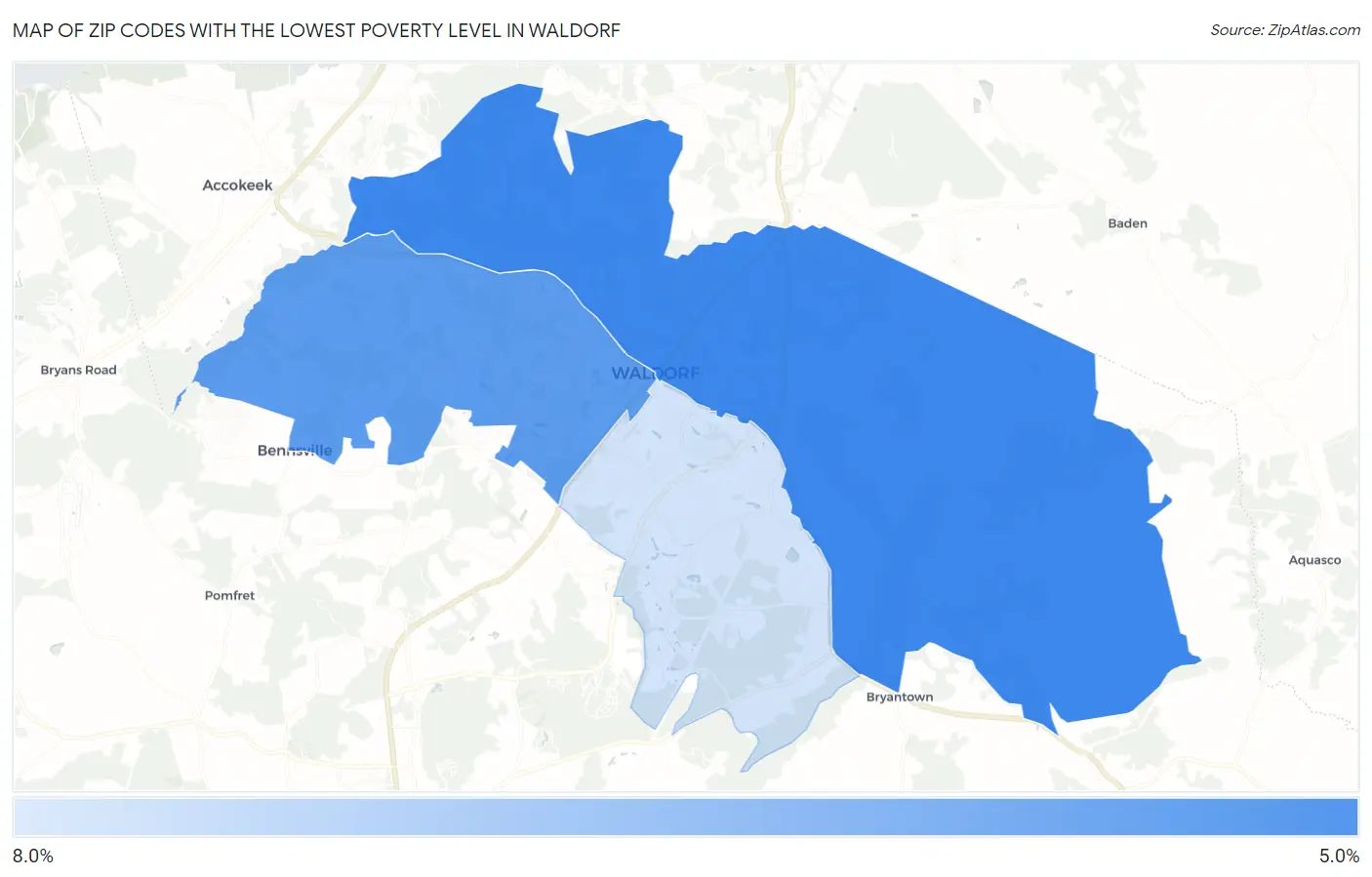 Zip Codes with the Lowest Poverty Level in Waldorf Map