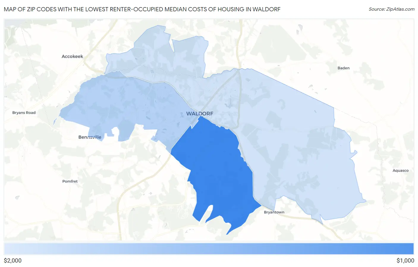 Zip Codes with the Lowest Renter-Occupied Median Costs of Housing in Waldorf Map