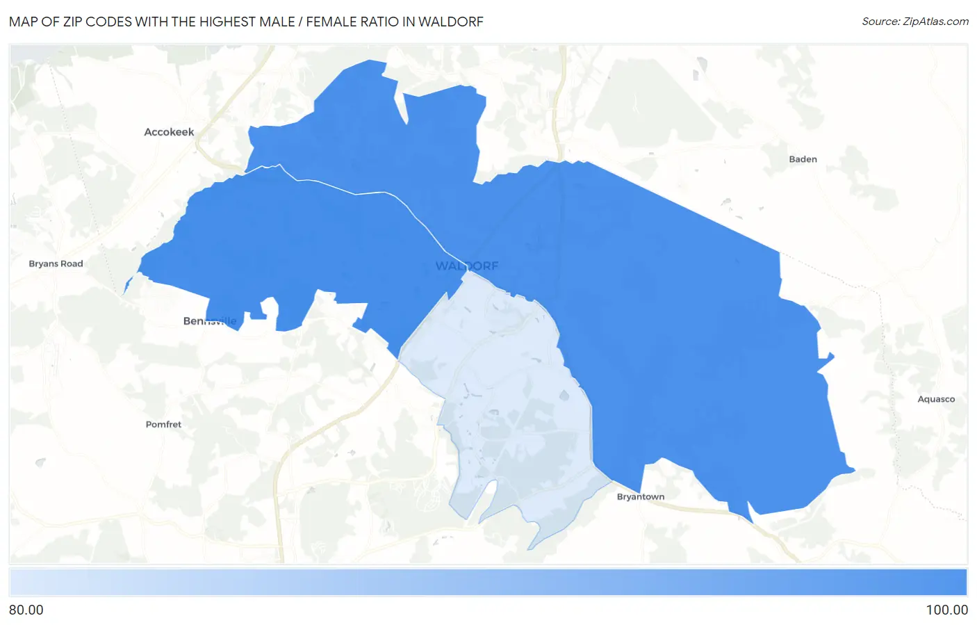 Zip Codes with the Highest Male / Female Ratio in Waldorf Map