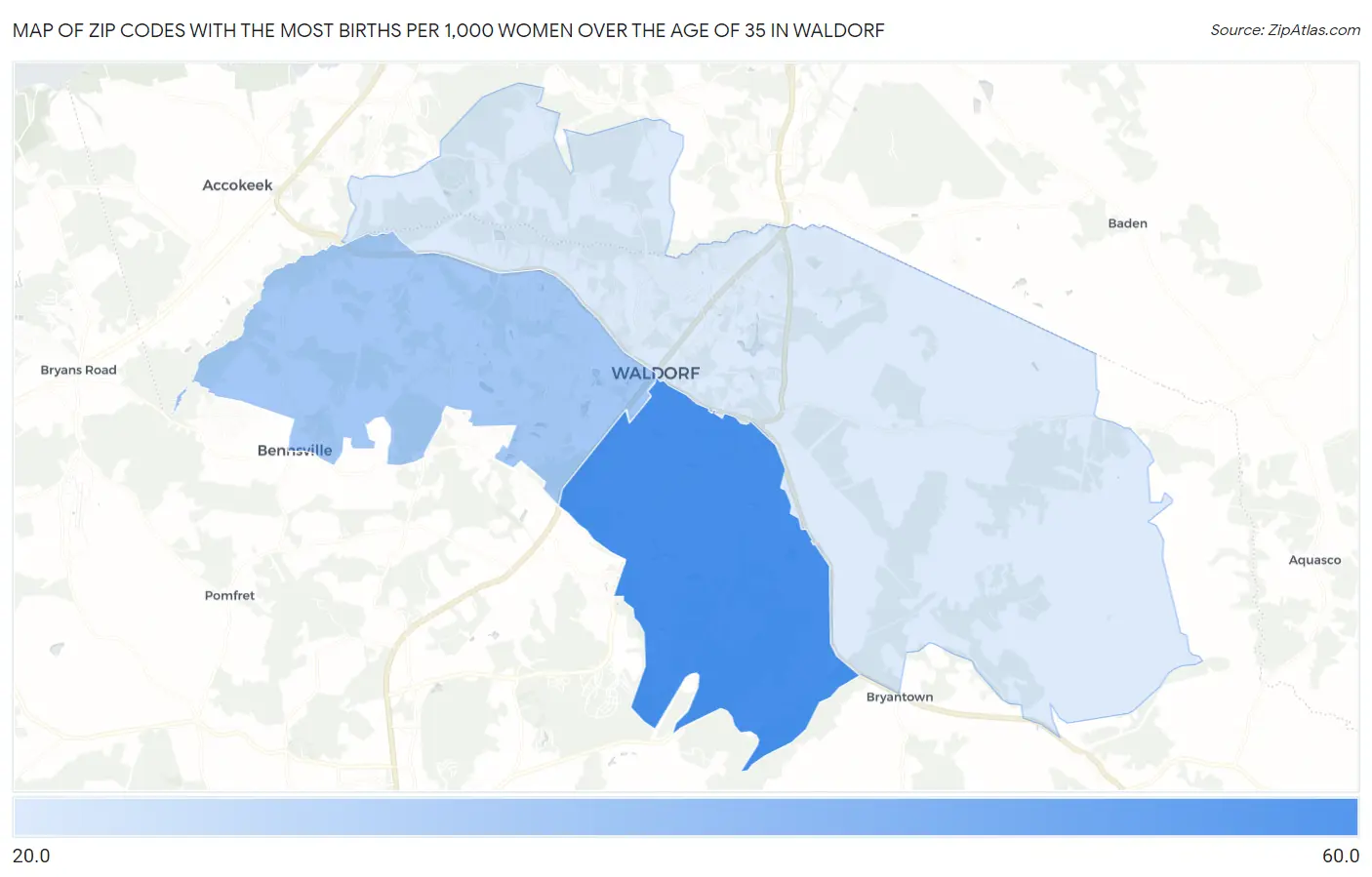 Zip Codes with the Most Births per 1,000 Women Over the Age of 35 in Waldorf Map
