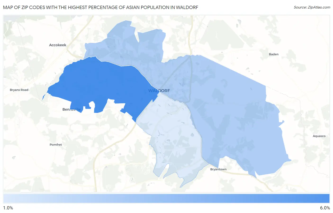 Zip Codes with the Highest Percentage of Asian Population in Waldorf Map