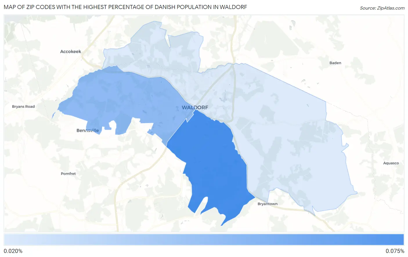 Zip Codes with the Highest Percentage of Danish Population in Waldorf Map