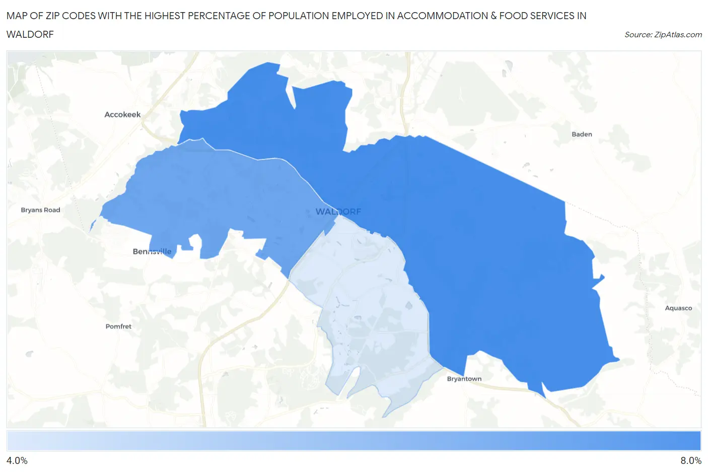 Zip Codes with the Highest Percentage of Population Employed in Accommodation & Food Services in Waldorf Map