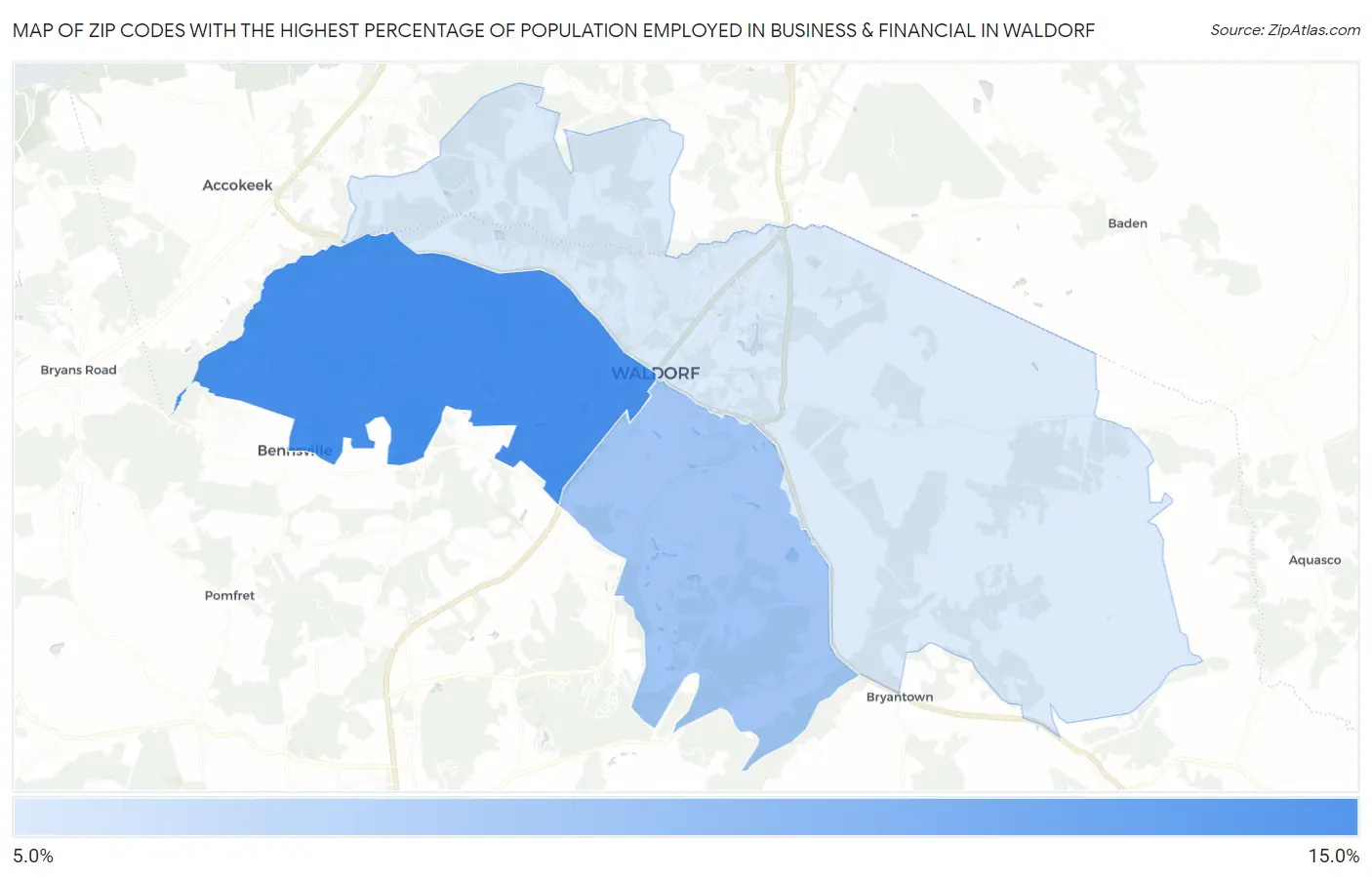 Zip Codes with the Highest Percentage of Population Employed in Business & Financial in Waldorf Map