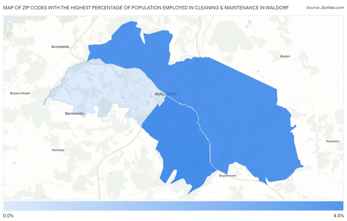 Zip Codes with the Highest Percentage of Population Employed in Cleaning & Maintenance in Waldorf Map