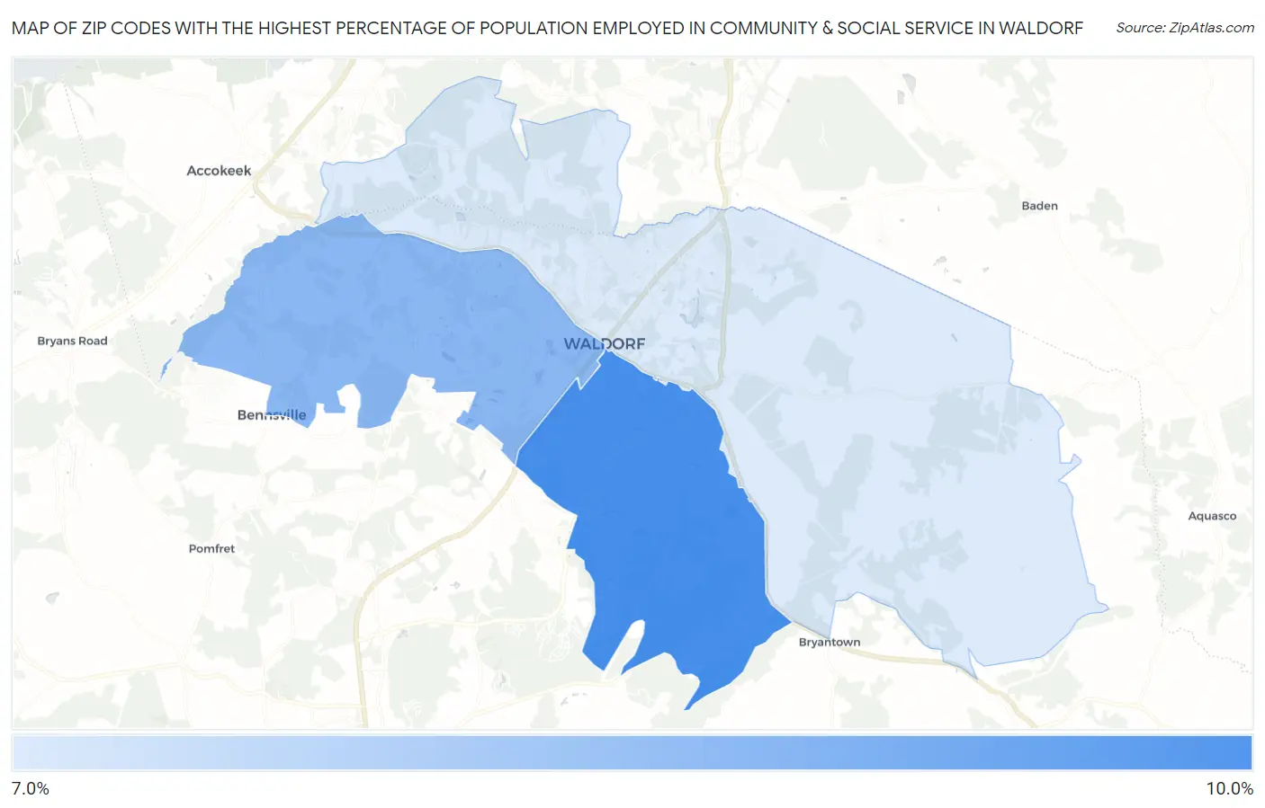 Zip Codes with the Highest Percentage of Population Employed in Community & Social Service  in Waldorf Map