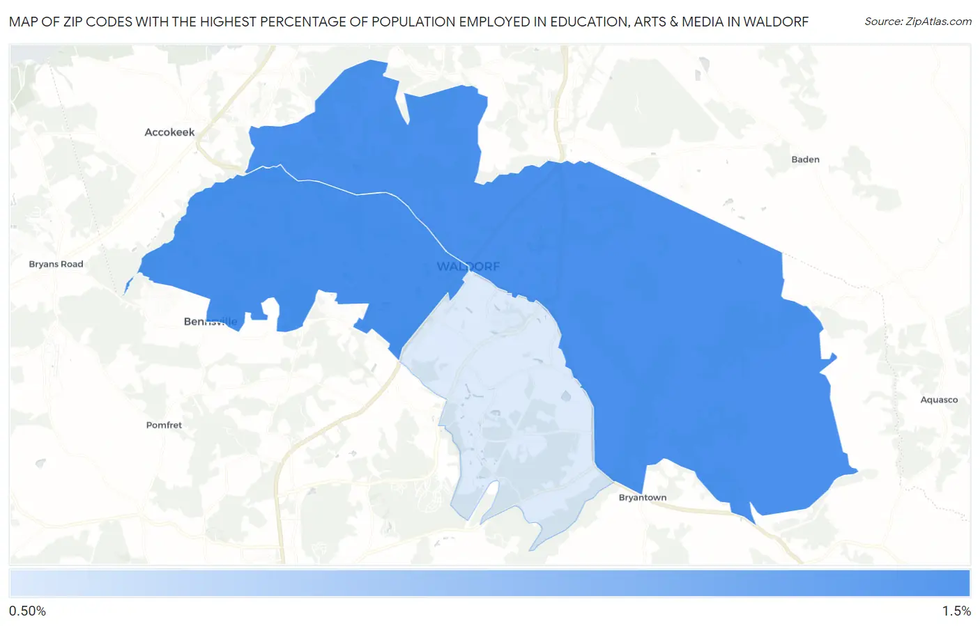Zip Codes with the Highest Percentage of Population Employed in Education, Arts & Media in Waldorf Map