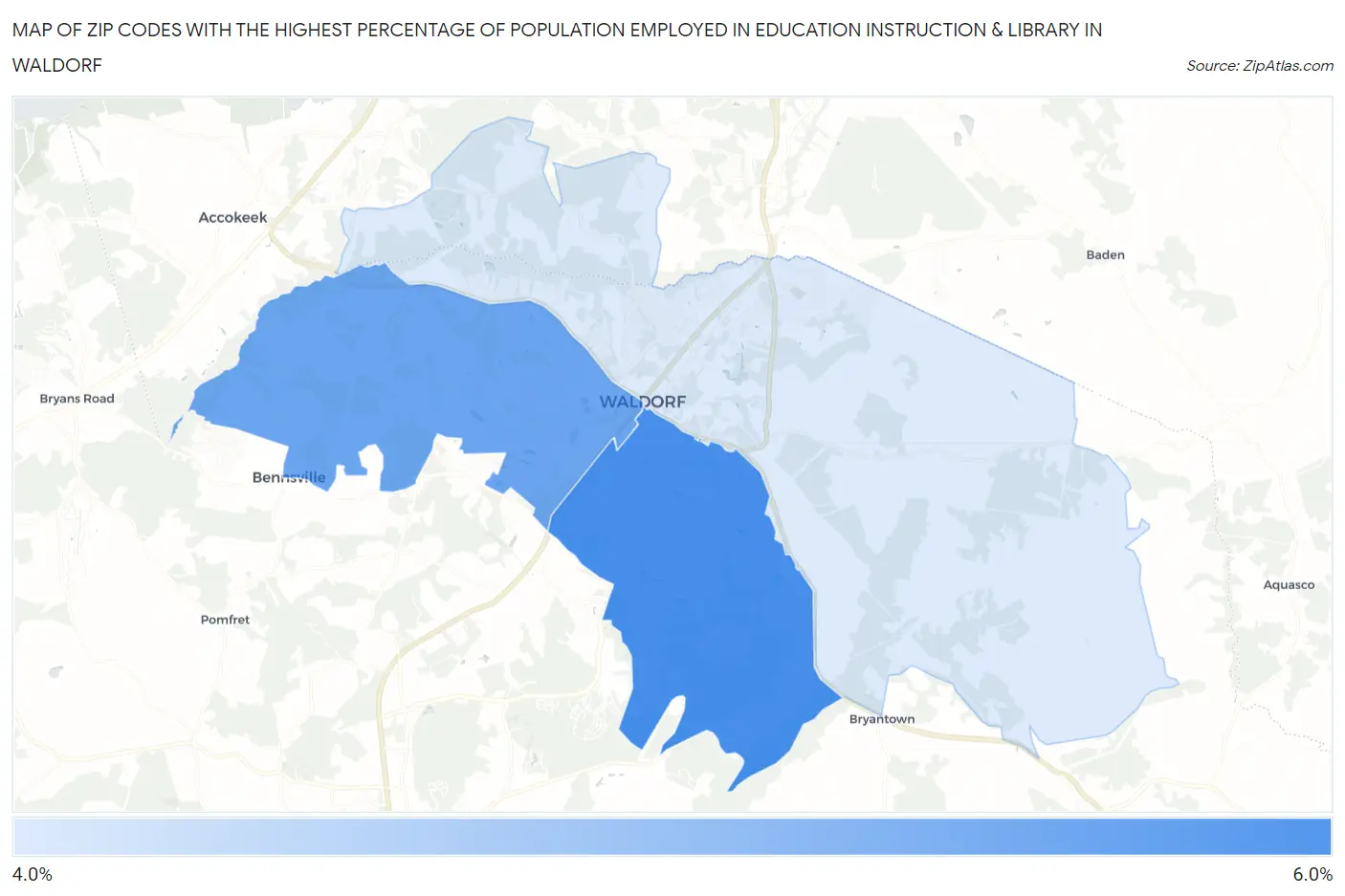 Zip Codes with the Highest Percentage of Population Employed in Education Instruction & Library in Waldorf Map
