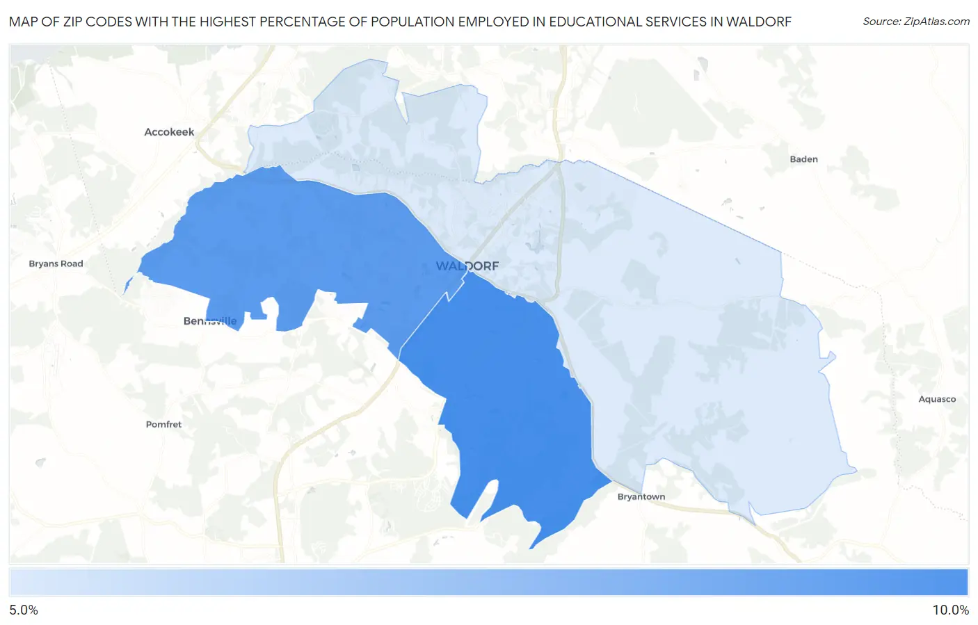 Zip Codes with the Highest Percentage of Population Employed in Educational Services in Waldorf Map