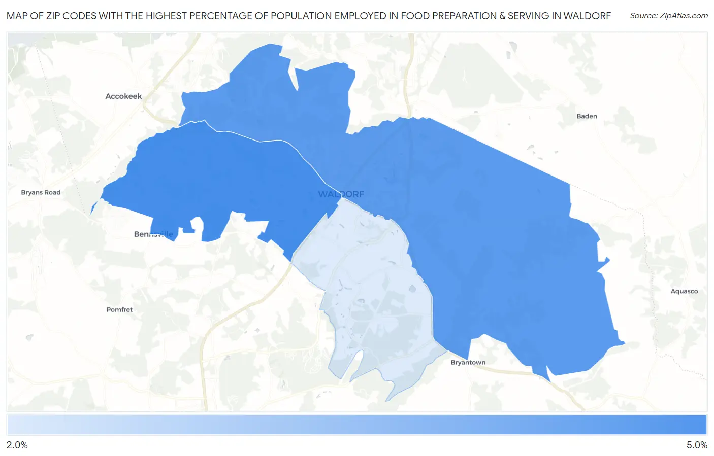 Zip Codes with the Highest Percentage of Population Employed in Food Preparation & Serving in Waldorf Map