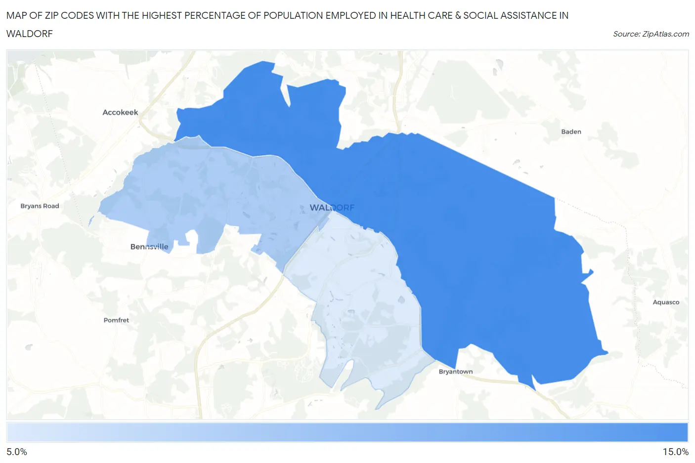 Zip Codes with the Highest Percentage of Population Employed in Health Care & Social Assistance in Waldorf Map