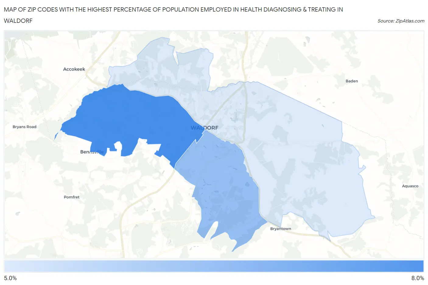 Zip Codes with the Highest Percentage of Population Employed in Health Diagnosing & Treating in Waldorf Map