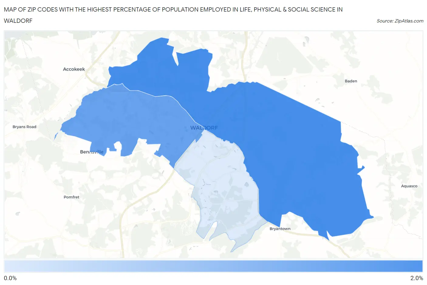 Zip Codes with the Highest Percentage of Population Employed in Life, Physical & Social Science in Waldorf Map