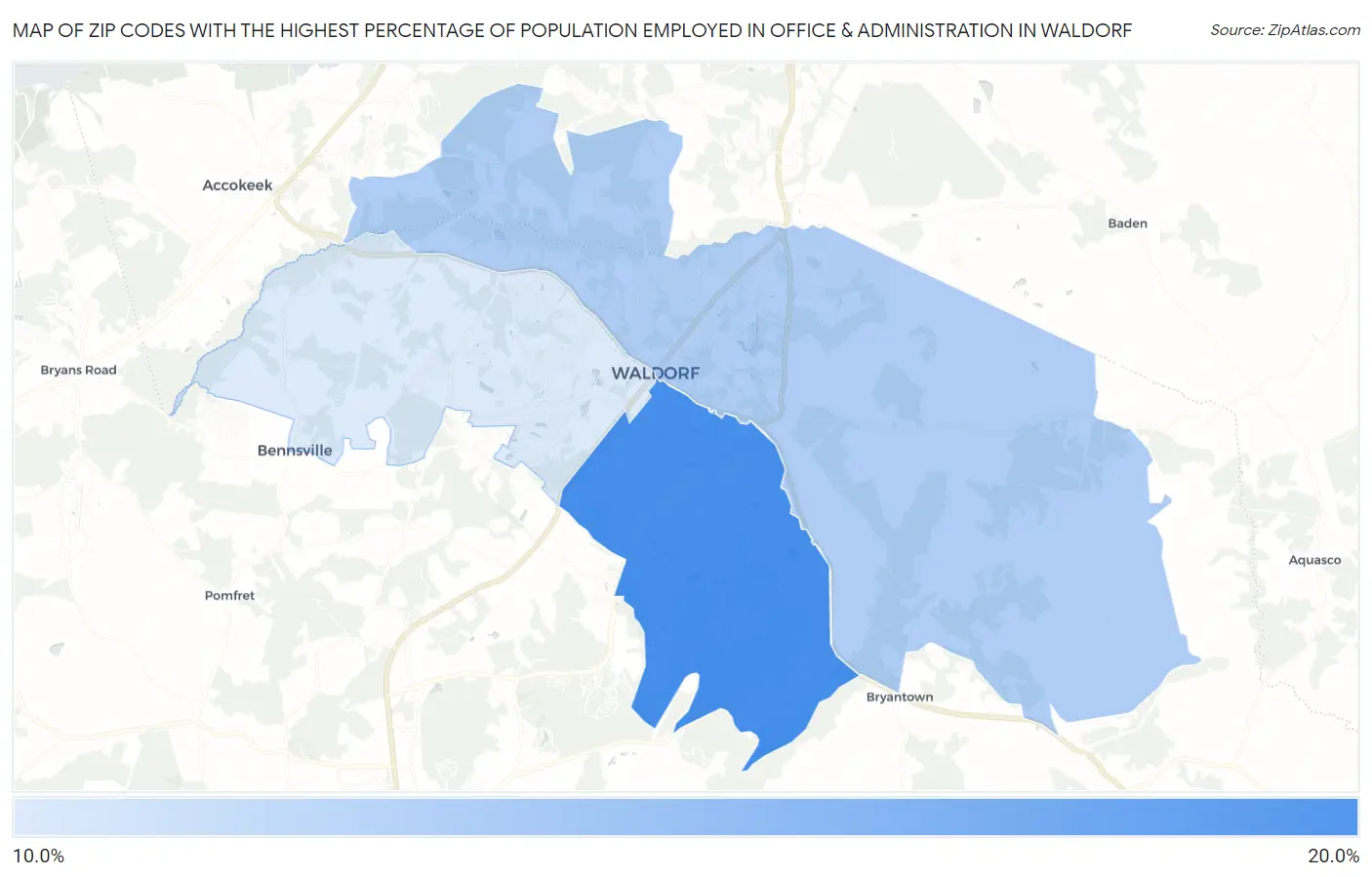 Zip Codes with the Highest Percentage of Population Employed in Office & Administration in Waldorf Map