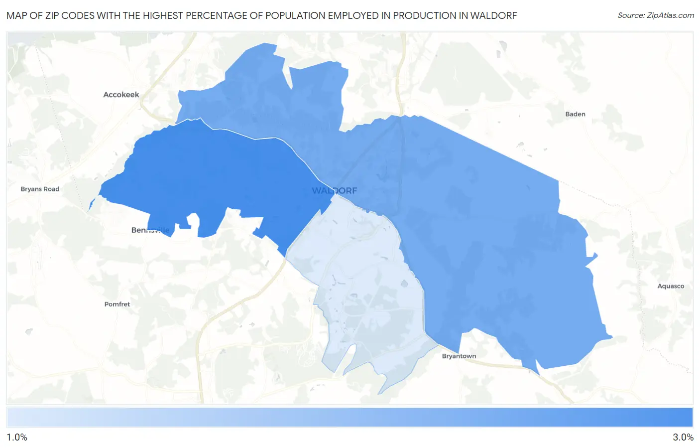 Zip Codes with the Highest Percentage of Population Employed in Production in Waldorf Map