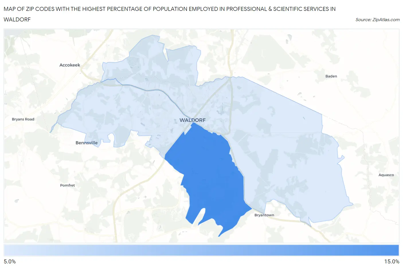 Zip Codes with the Highest Percentage of Population Employed in Professional & Scientific Services in Waldorf Map