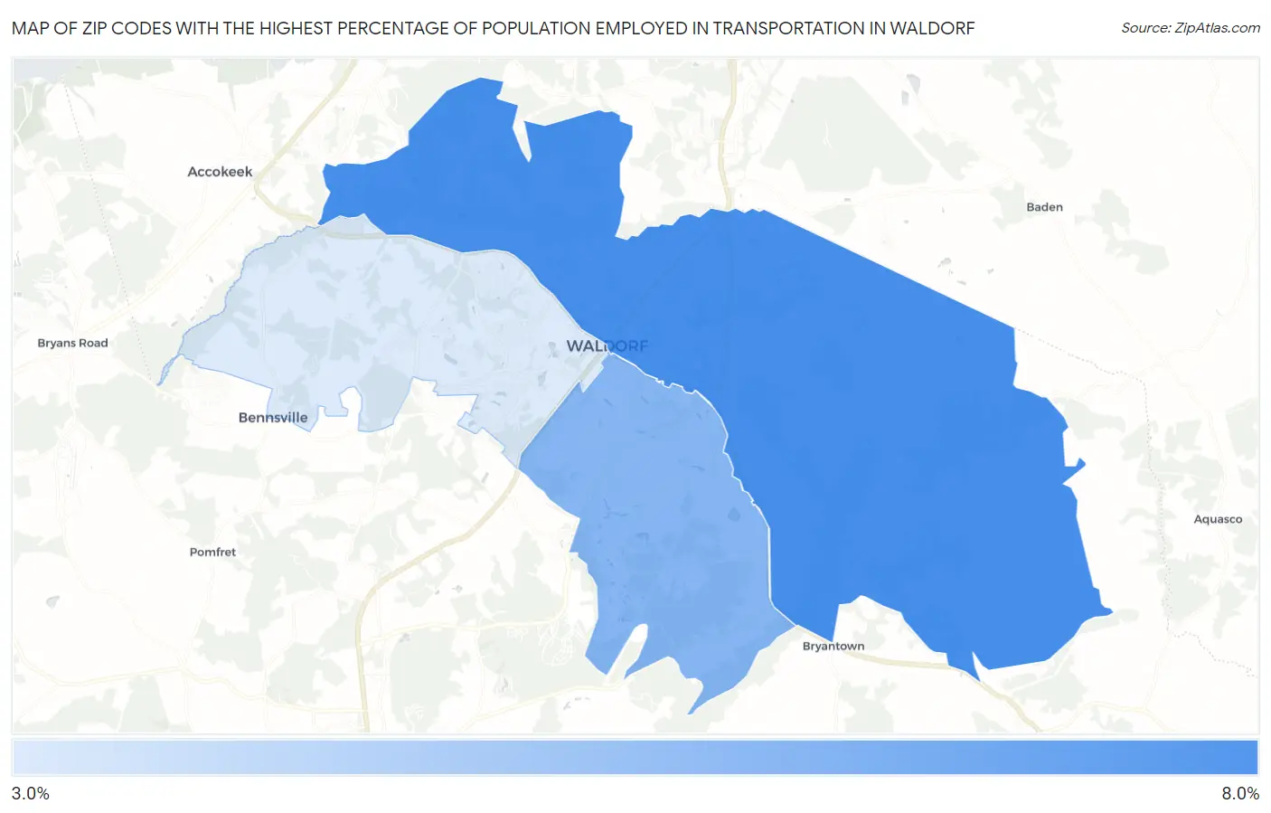 Zip Codes with the Highest Percentage of Population Employed in Transportation in Waldorf Map