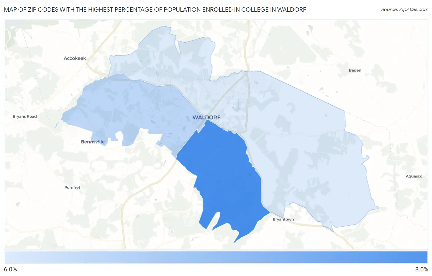 Zip Codes with the Highest Percentage of Population Enrolled in College in Waldorf Map