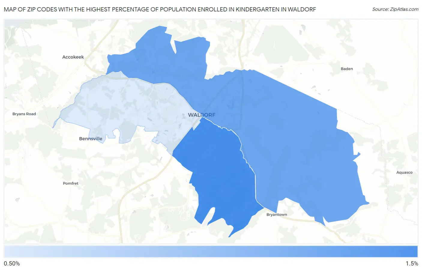 Zip Codes with the Highest Percentage of Population Enrolled in Kindergarten in Waldorf Map