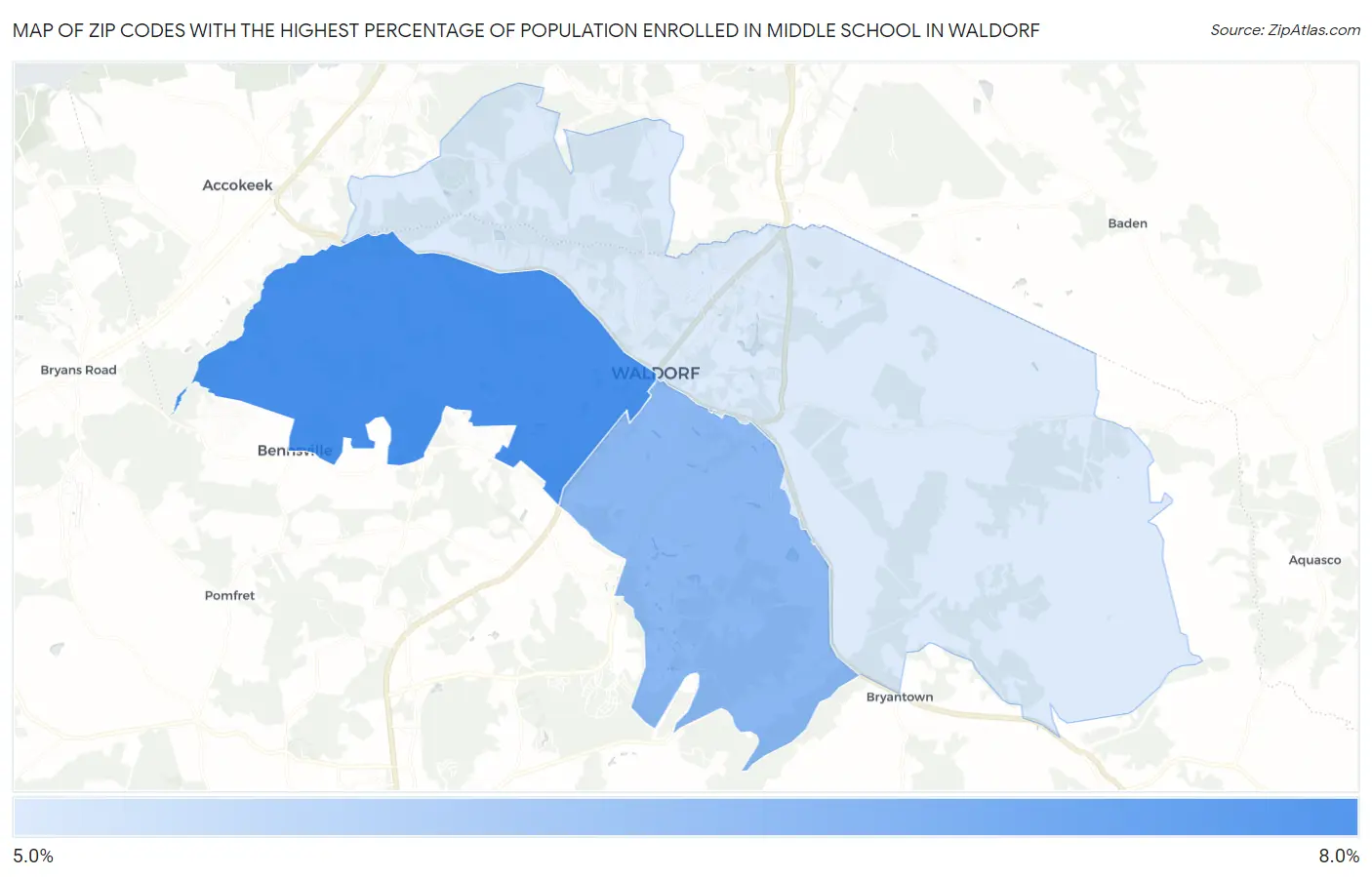 Zip Codes with the Highest Percentage of Population Enrolled in Middle School in Waldorf Map