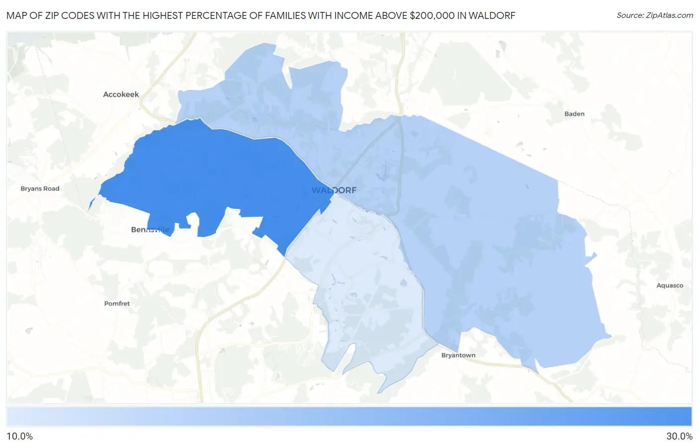 Zip Codes with the Highest Percentage of Families with Income Above $200,000 in Waldorf Map