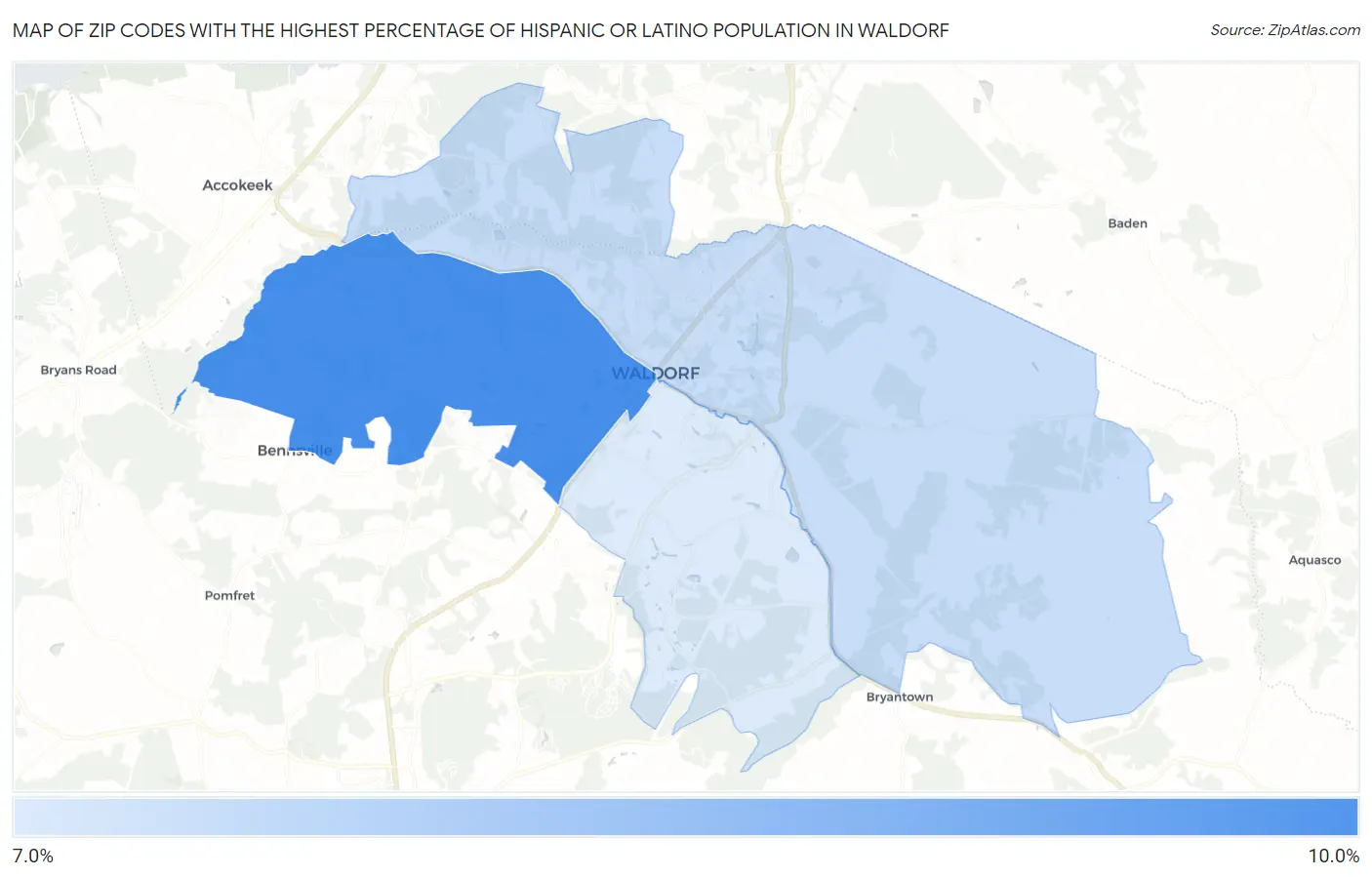 Zip Codes with the Highest Percentage of Hispanic or Latino Population in Waldorf Map