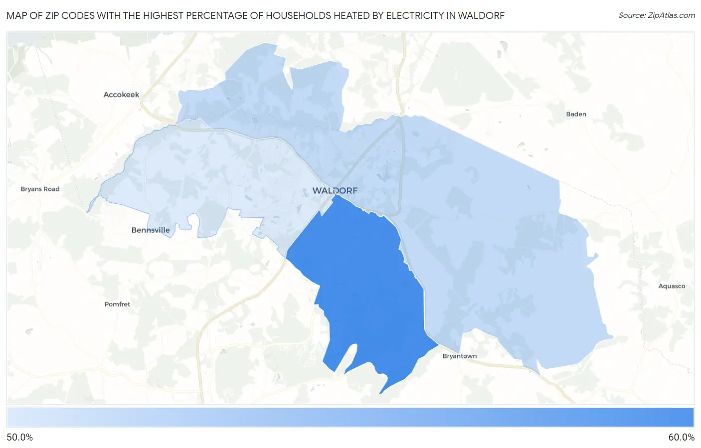 Zip Codes with the Highest Percentage of Households Heated by Electricity in Waldorf Map