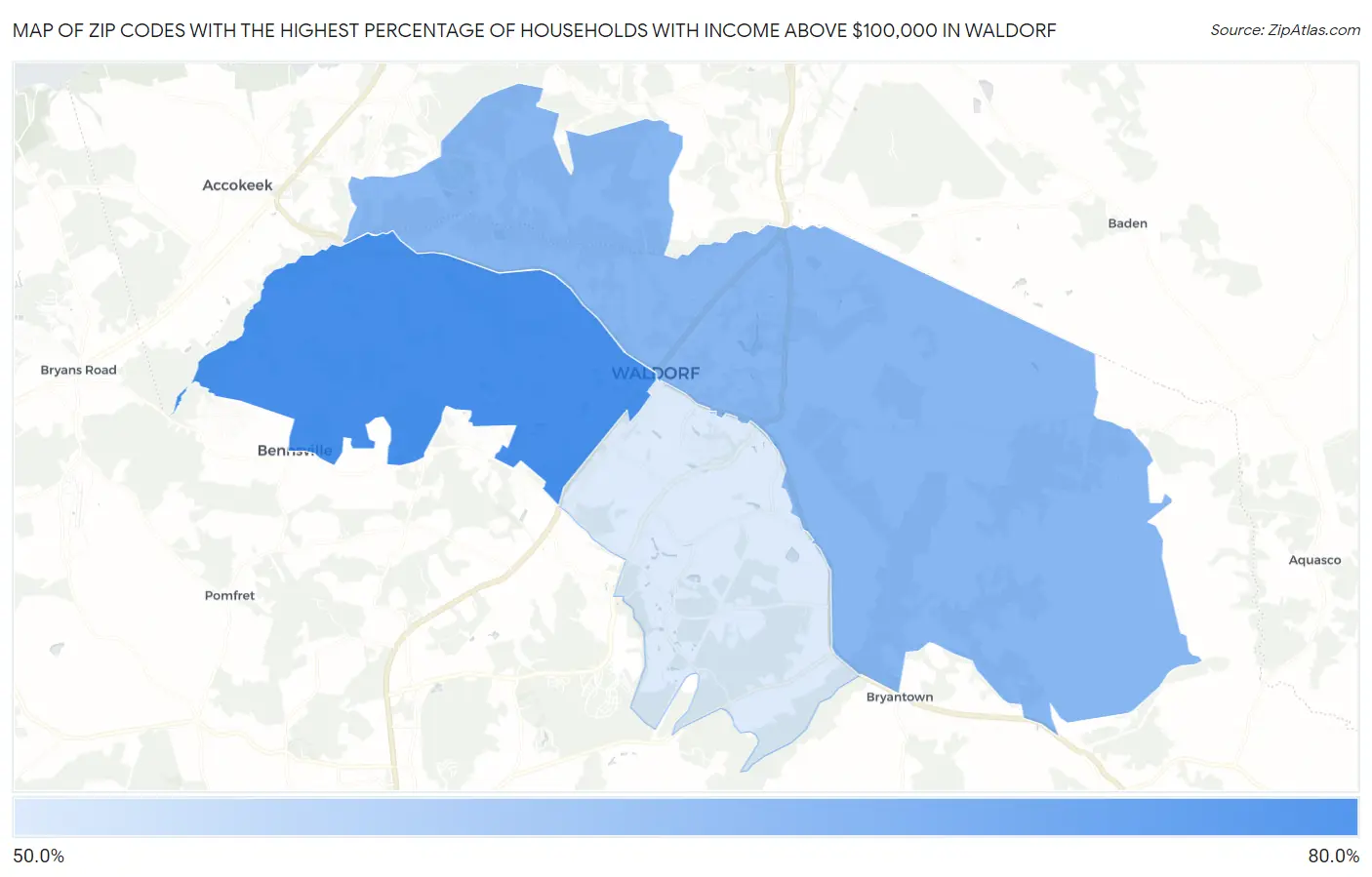 Zip Codes with the Highest Percentage of Households with Income Above $100,000 in Waldorf Map