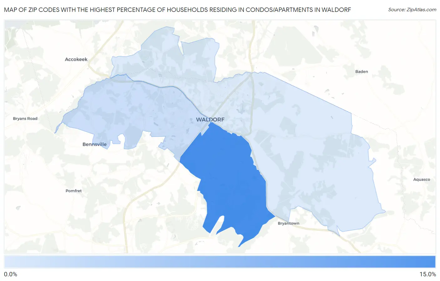 Zip Codes with the Highest Percentage of Households Residing in Condos/Apartments in Waldorf Map