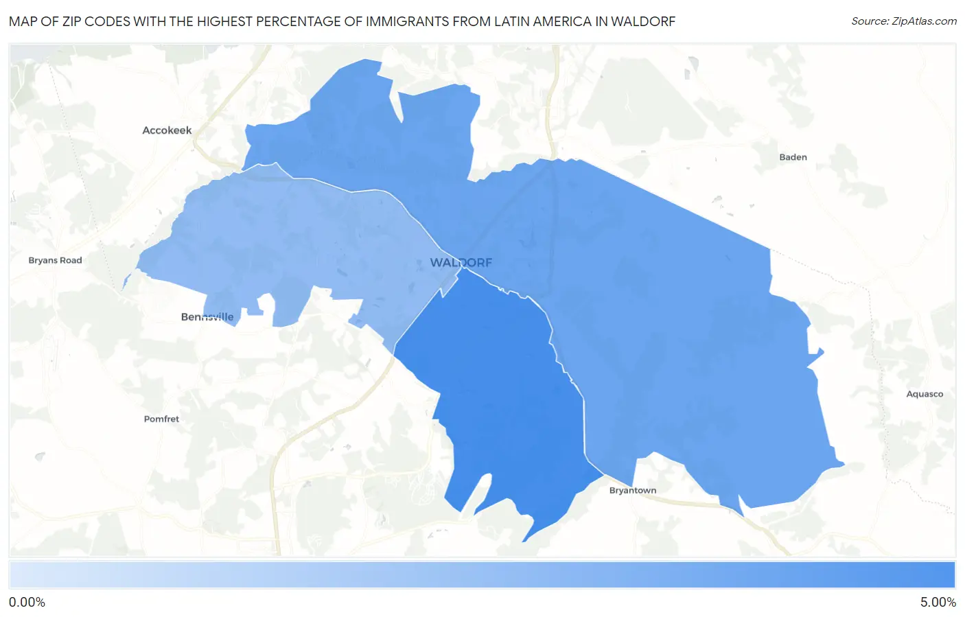 Zip Codes with the Highest Percentage of Immigrants from Latin America in Waldorf Map