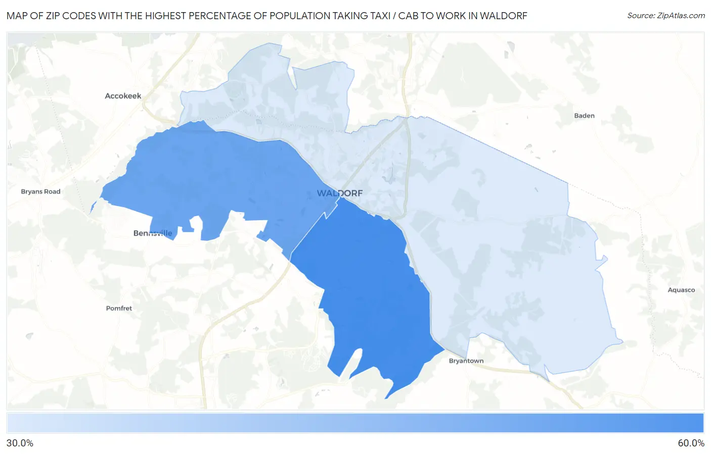 Zip Codes with the Highest Percentage of Population Taking Taxi / Cab to Work in Waldorf Map