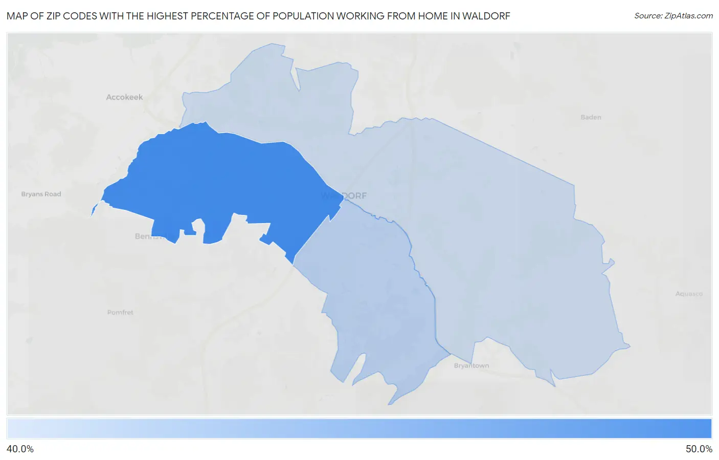 Zip Codes with the Highest Percentage of Population Working from Home in Waldorf Map