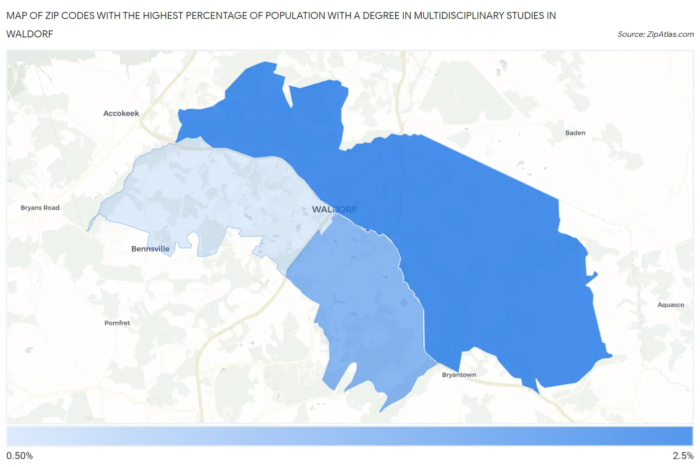 Zip Codes with the Highest Percentage of Population with a Degree in Multidisciplinary Studies in Waldorf Map