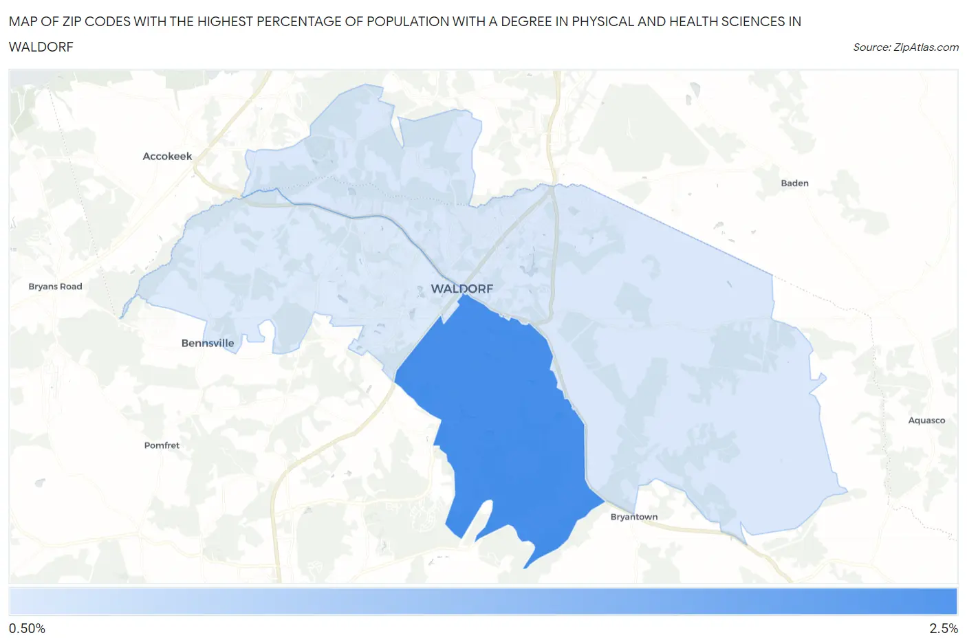 Zip Codes with the Highest Percentage of Population with a Degree in Physical and Health Sciences in Waldorf Map