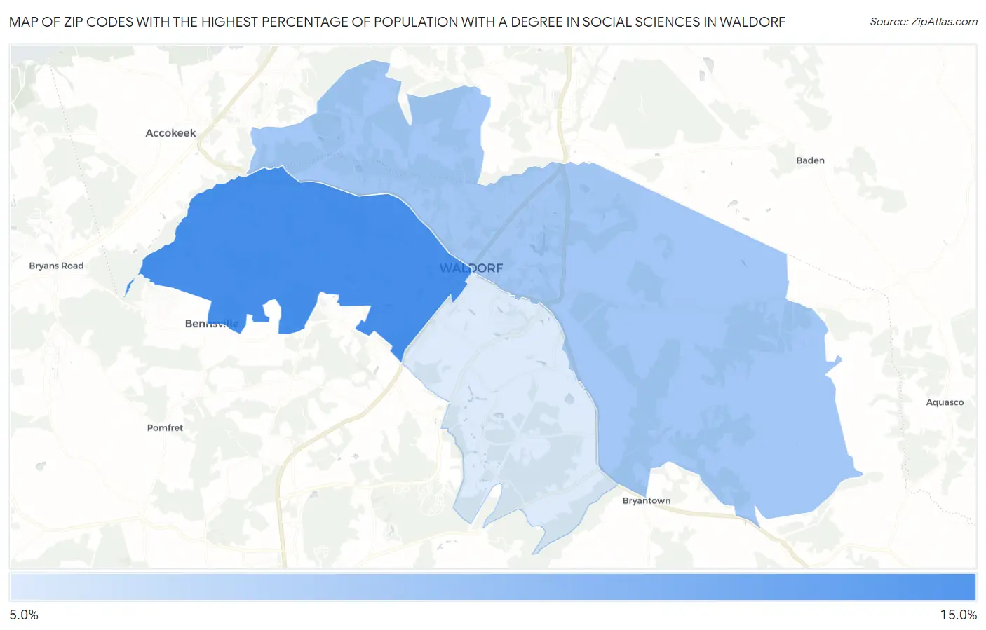 Zip Codes with the Highest Percentage of Population with a Degree in Social Sciences in Waldorf Map