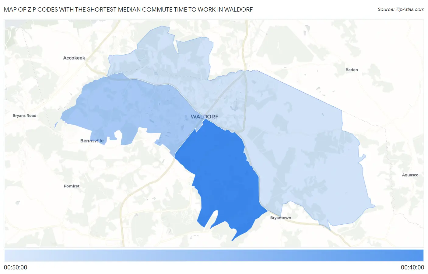 Zip Codes with the Shortest Median Commute Time to Work in Waldorf Map
