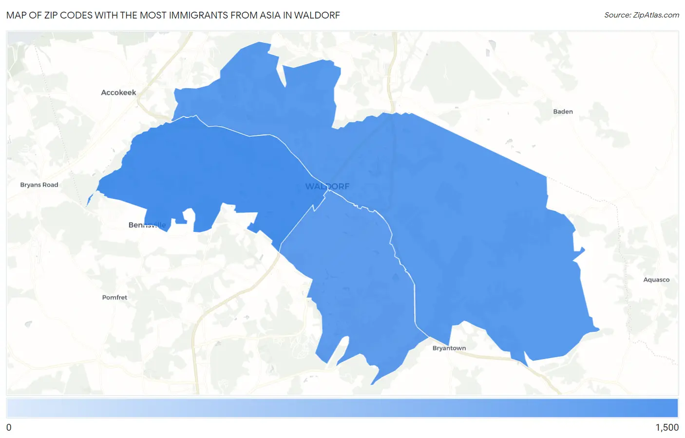 Zip Codes with the Most Immigrants from Asia in Waldorf Map