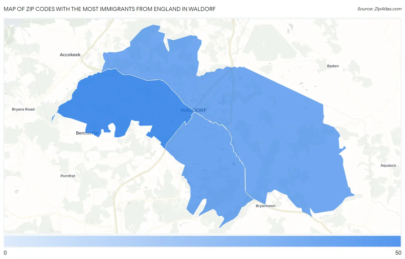 Zip Codes with the Most Immigrants from England in Waldorf Map