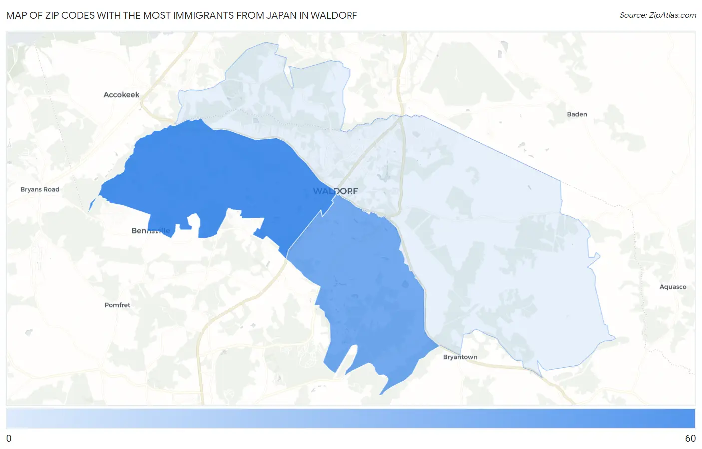 Zip Codes with the Most Immigrants from Japan in Waldorf Map