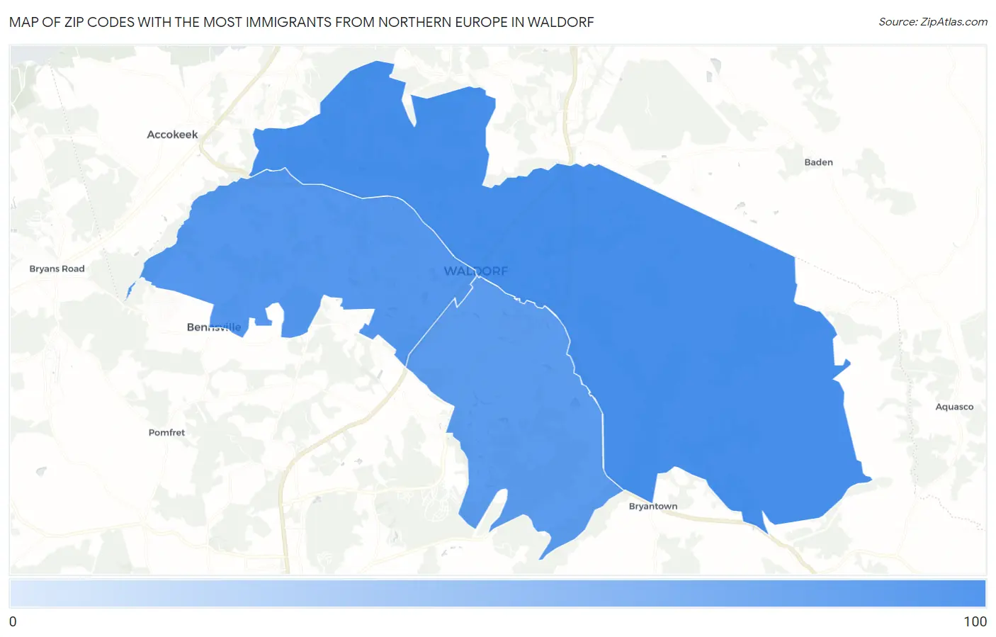 Zip Codes with the Most Immigrants from Northern Europe in Waldorf Map