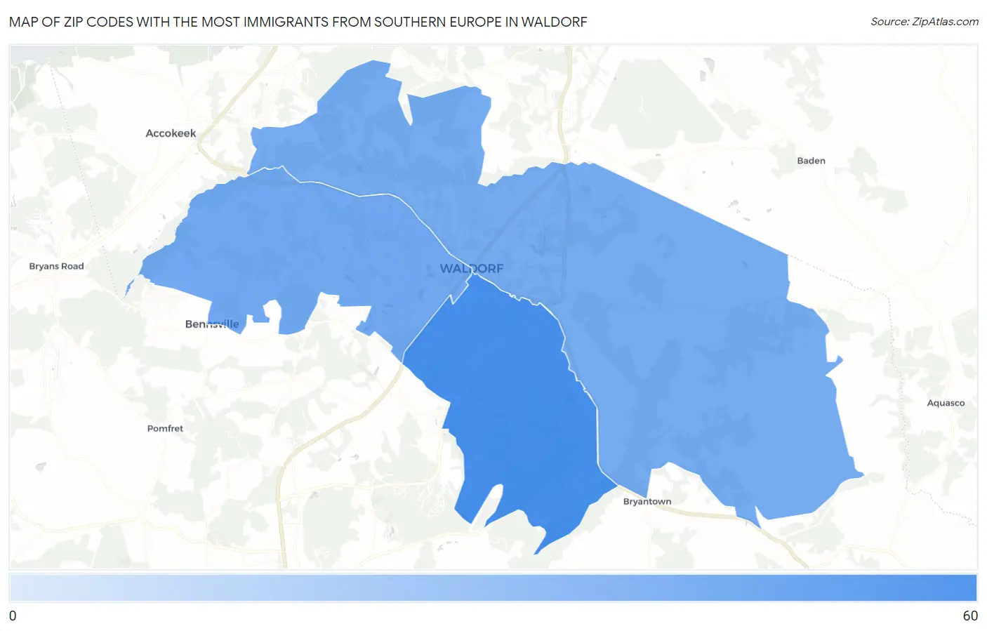 Zip Codes with the Most Immigrants from Southern Europe in Waldorf Map